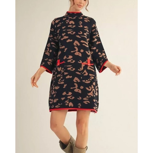 JODIFL Dresses & Skirts - JODIFL Black Mock Neck Leopard Sweater Dress Size M
